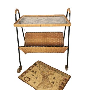 Vintage Ratten Woven Magazine Rack plus a Tray, Serving Trolley Side Table Bar Cart with 1700s World Map Motif, Rustic-luxe Interior Decor