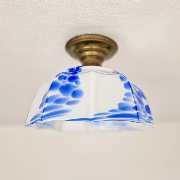 Art Deco Schoolhouse Ceiling Lamp in Blue, Vintage French Art Glass & Brass Flush Mount Fixture, Midcentury Modern Country House Decor