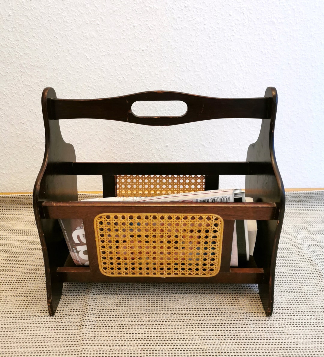 Vintage Magazine Holder Wood and Rattan, 50s 60s Newspaper Storage