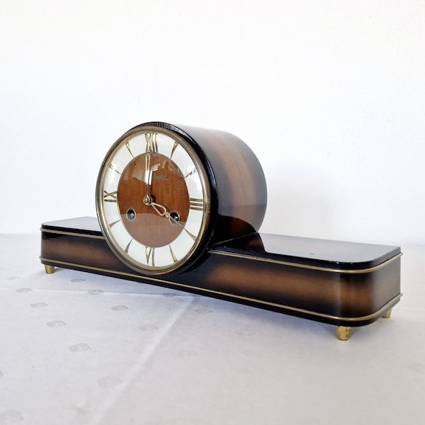 Art Deco German Table Mantle Clock Mechanical Chime, MCM Buffet/Fireplace Decor Lacquer Wood Finish & Brass. Full Function