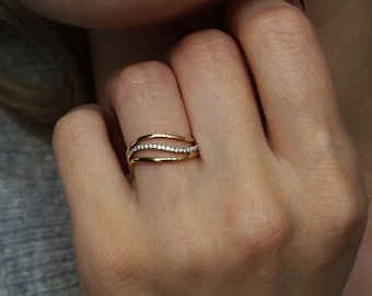 Wave Triple Band Ring With Diamonds, Ocean Ring, 18K Gold Two Tone Ring