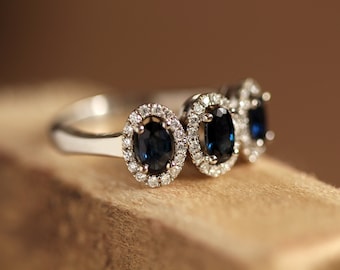 Three Oval Blue Sapphire Ring With Diamond Halo | 14K White Gold Three Stone Ring | Triple Sapphire Ring | Cluster Ring | Made To Order