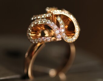 Diamond Flower Cocktail Ring, Swirl Solid 18K Yellow Gold Ring