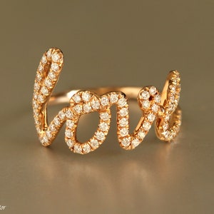 14K Light Rose Gold Love Ring With Diamonds, Cursive Love Ring, Wire Love Ring