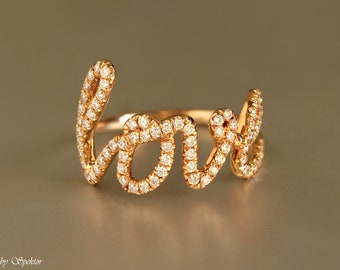 14K Light Rose Gold Love Ring With Diamonds, Cursive Love Ring, Wire Love Ring