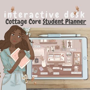 Peut inclure: Une illustration numérique d'un planificateur étudiant sur le thème du cottagecore sur l'écran d'une tablette. Le planificateur comprend des sections pour les tâches mensuelles, hebdomadaires et quotidiennes, ainsi que pour les tâches personnelles, les cours, les cahiers et les collations d'étude. L'illustration comprend une variété de détails mignons, tels que des champignons, des fleurs et une théière.