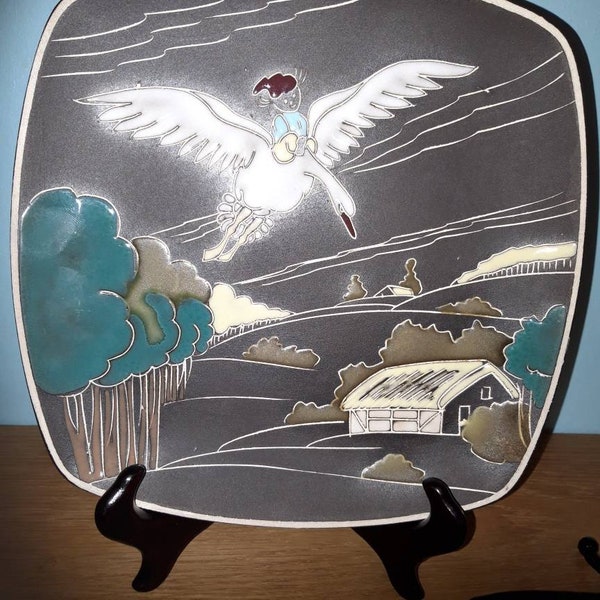 Fine ceramic wall plaque/relief from AWF (aka Arnold Wiik Fabriken), Norway. "Nils Holgersson flying with gees".