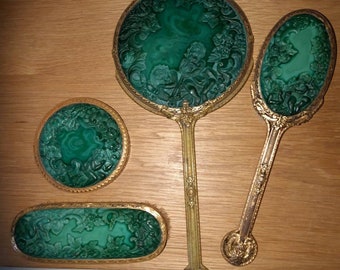 Antique Bohemian Art Deco 1930s 4 piece dresser set with malachite Amazingly beautiful and fantastic craftsmanship