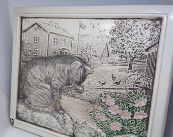 Jie Gantofta Sweden fine ceramic wall plaque/relief with cute grey cat Design by Staffan Johnson Signed