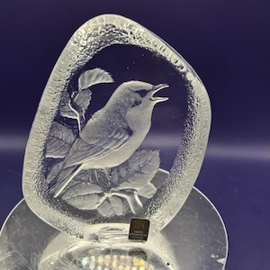 Può includere: Una scultura in vetro trasparente con un disegno inciso di un uccello appollaiato su un ramo frondoso. Il pezzo presenta un bordo esterno strutturato e organico e un centro liscio e trasparente. Un'etichetta alla base riporta Mats Jonasson Sweden.