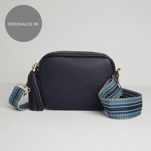 Crossbody Navy Tassel Bag with Patterned Strap (available in 3 options)