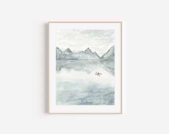 May include: A watercolor painting of a mountain range reflected in a still lake. A small boat with two figures is in the center of the lake.