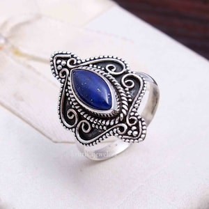 Ręcznie robiony pierścionek z lapis lazuli markizy: Boho, srebro próby 925