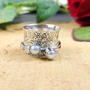 Pearl Ring, Spinner Ring, 925 Sterling Silver, Meditation Ring, Anxiety Ring, Fidget Ring, Women Ring, Dainty Ring, Thumb Ring, Gift For Her