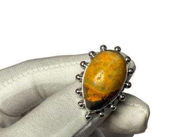 Bague faite main en jaspe jaune : déclaration bohème en argent sterling 925