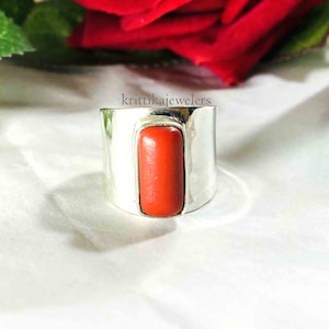 Handmade Boho 925 Sterling Silver Coral Statement Ring