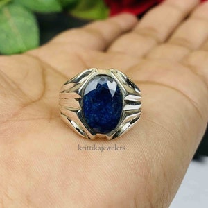 Anel masculino de safira azul, prata esterlina 925, anel de casamento, anel de declaração, anel de prata sólida, anel masculino, anel feito à mão, presente para o dia dos namorados