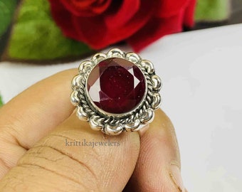 Handmade Red Ruby Ring: 925 Sterling Silver Boho Statement Ring