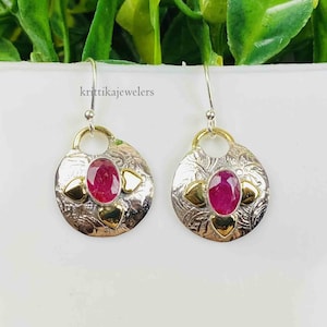 Handmade Oval Ruby Earrings: Sterling Silver Boho Dangle Earrings