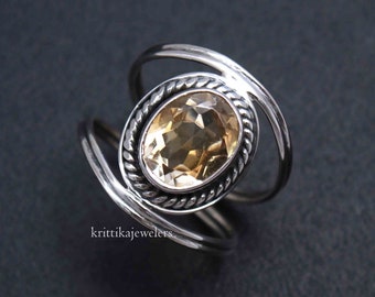 Handmade Citrine Ring: 925 Sterling Silver Boho Statement Ring