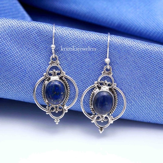 Boucles D'oreilles Pendantes Argent 925 Plaqué Or Avec Lapis Lazuli Bleu - Neuf Avec étiquettes