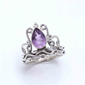 Handmade Pear Amethyst Ring: 925 Sterling Silver Boho Statement