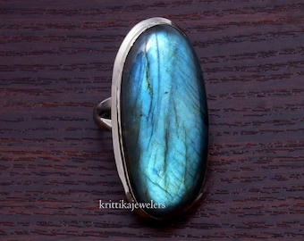Labradorite Silver Ring, 925 Sterling Silver, Oval Labradorite Ring, Handmade Ring, Statement Ring, Blue Fire Labradorite Ring, gift For her