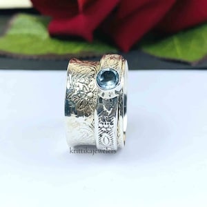 Blue Topaz Ring, Spinner Ring, 925 Sterling Silver, Meditation Ring, Fidget Ring, Anxiety Ring, Silver Band Ring, Handmade Ring,Gift For Her