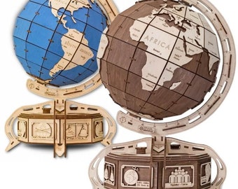 May include: Two wooden globe puzzles, one blue and one brown, are displayed. The globes are constructed from interlocking wooden pieces, showcasing continents and oceans. Each globe sits on a wooden stand with decorative panels. The stands have engraved details.