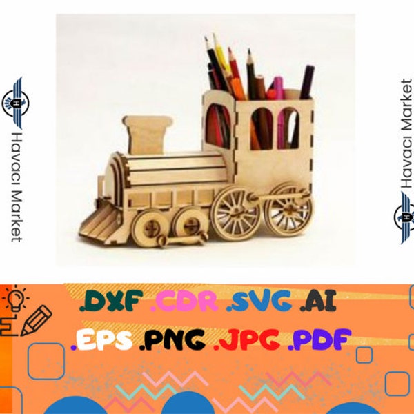 Steam Locomotive Pen Organizer Laser Cut CDR and DXF File 3d Puzzle Vector file