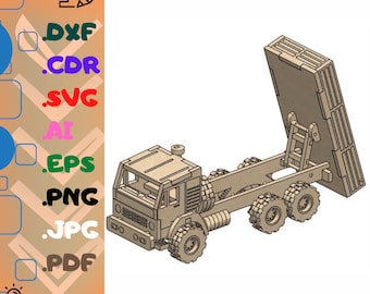 May include: A light brown wooden toy dump truck with a raised bed. The truck has six wheels and a detailed cab. The image also includes a list of file formats: .DXF, .CDR, .SVG, .AI, .EPS, .PNG, .JPG, and .PDF.