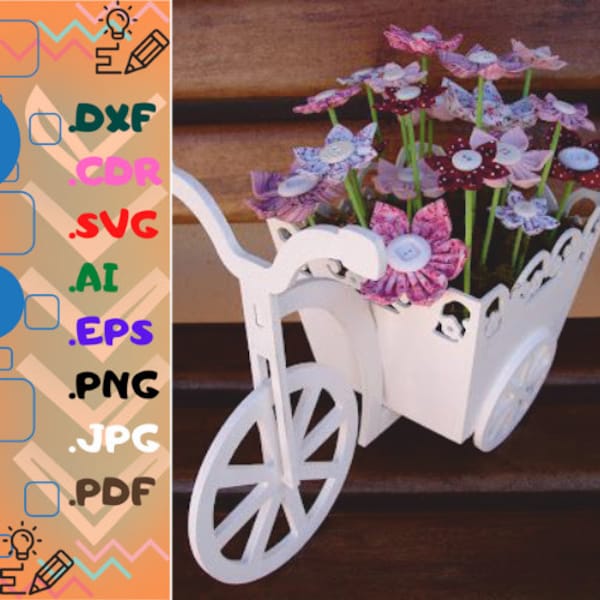 Bicycle With Flower Box 3D Puzzle Laser Cut CDR and DXF File for Decoration