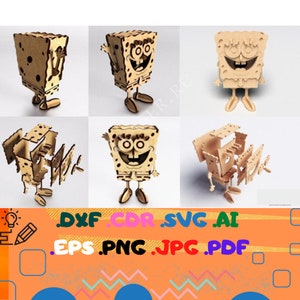 May include: Wooden laser-cut figures of a cartoon character in various poses. The figures are made of light brown wood and feature the character's distinctive facial features and body shape. The image also includes file format options: DXF, CDR, SVG, AI, EPS, PNG, JPG, and PDF.