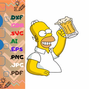 May include: A cartoon illustration of a yellow character holding a beer mug. The character is smiling with a white shirt and a white background. The image also includes a list of file formats: DXF, CDR, SVG, AI, EPS, PNG, JPG, and PDF.