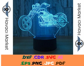 Motorcycle 3D LED Illusion Night Light Desk Lamp dxf file wall sticker pdf silhouette template router digital vector instant download