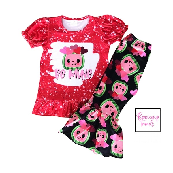 Valentines SHIRT, Bell Bottom Pants, Baby VALENTINE Shirt, Be Mine Valentine’s Favors Sweetheart Printed Two Piece Outfit Dress for Girls
