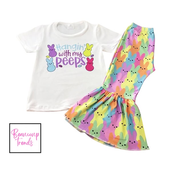 BABY EASTER OUTFIT, Flare Pants, Bunny Outfit, Hang in With My Peeps Cute Bunny Printed Two Piece Clothing Set for Little Girls