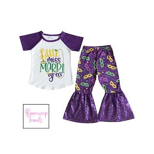 Little Miss Mardi Gras Shirt, Two Piece SET, MARDI GRAS Shirt, Eye Mask Printed Sequin Flare Pants Unique Baby Girl Clothes Set For Gift