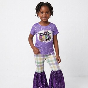 Mardi Gras Girl Outfit, Lets Mardi Yall Bell Bottom Set, Sequin Mardi Gras Pants, Purple Green Gold Toddler Outfit Carnival Parade Attire