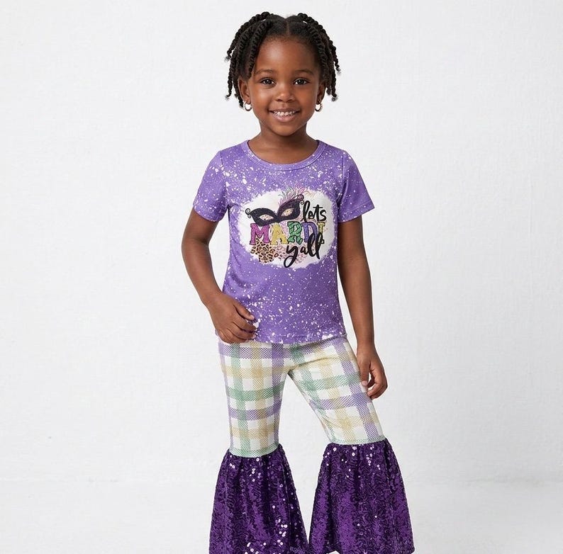 Mardi Gras Girl Outfit, Lets Mardi Yall Bell Bottom Set, Sequin Mardi Gras Pants, Purple Green Gold Toddler Outfit Carnival Parade Attire