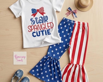 Girls 4th of July Outfit | Star Spangled Cutie | America 250 Toddler Bell Bottom Set | Red White Blue Baby Girl | Patriotic Flag Pants