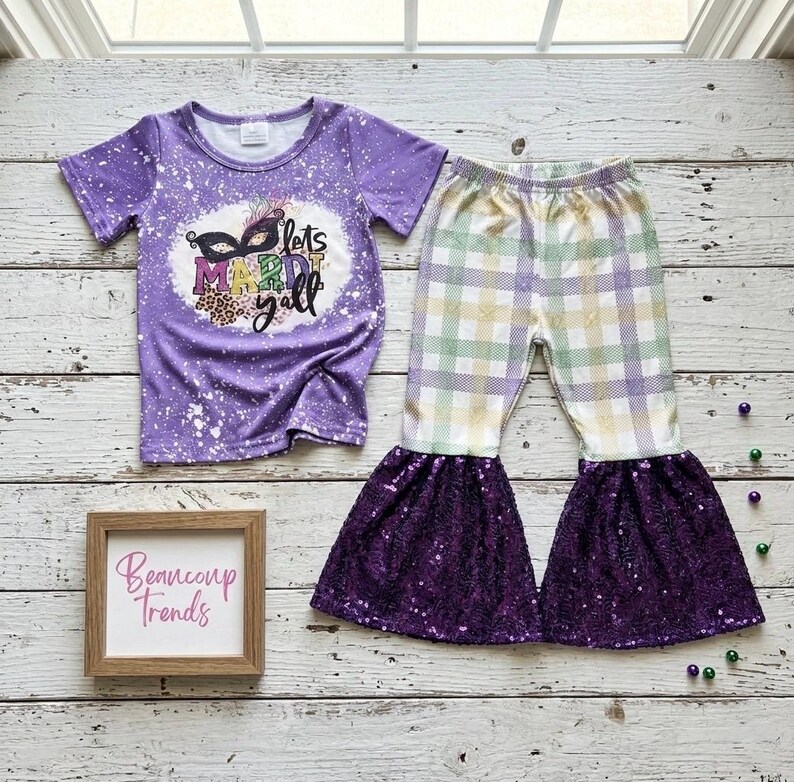 Mardi Gras Girl Outfit, Lets Mardi Yall Bell Bottom Set, Sequin Mardi Gras Pants, Purple Green Gold Toddler Outfit Carnival Parade Attire
