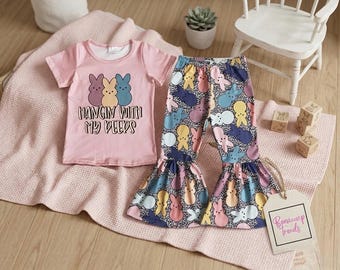 Hanging With My Peeps Easter Outfit | Girls Easter Bell Bottom Set | Toddler Easter Bunny | Peeps Print Spring Outfit | Easter Egg Hunt