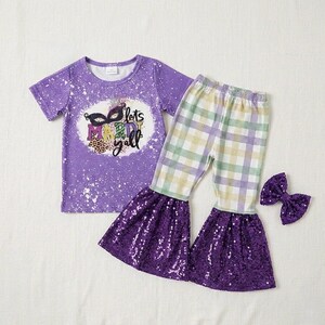 Mardi Gras Girl Outfit | Lets Mardi Yall | Sequin Bell Bottom Set | Toddler Mardi Gras Parade | Purple Green Gold Carnival Girl image 4