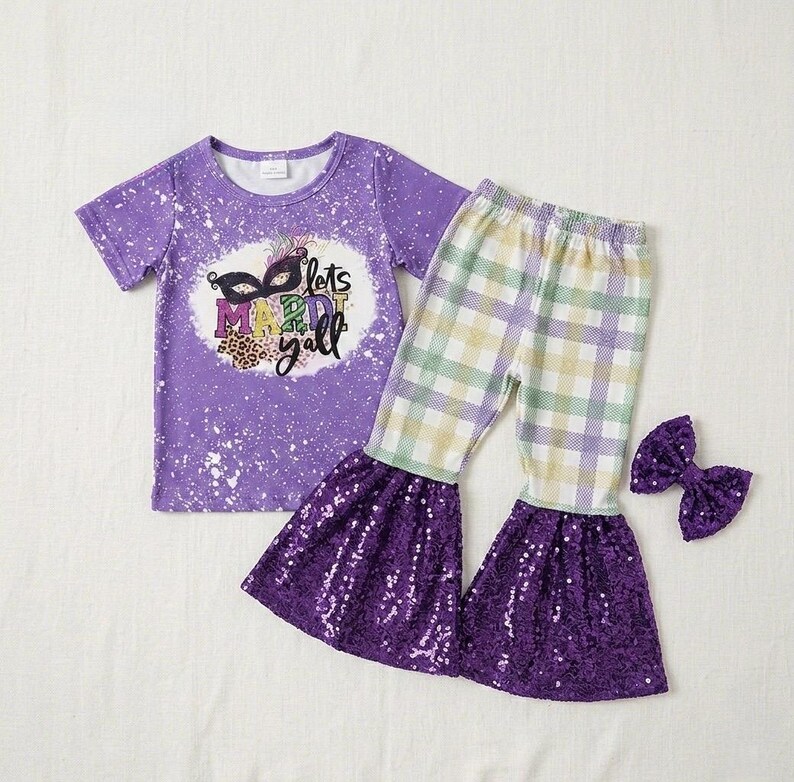 Mardi Gras Girl Outfit | Lets Mardi Yall | Sequin Bell Bottom Set | Toddler Mardi Gras Parade | Purple Green Gold Carnival Girl image 4