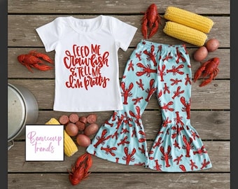 Girls Crawfish Boil Outfit | Feed Me Crawfish and Tell Me I'm Pretty | Toddler Bell Bottom Set | Louisiana Cajun Baby Girl | Crawfish Season