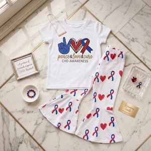 CHD Awareness Outfit | Heart Warrior Girl | Peace Love Cure CHD | Toddler Bell Bottom Set | Congenital Heart Defect Ribbon Gift