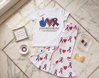 Heart Warrior Congenital Heart Defect Toddler Bell Bottom Set | Peace Love Cure Ribbon Outfit