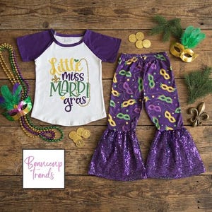 Little Miss Mardi Gras Outfit | Sequin Bell Bottom Set | Toddler Mardi Gras Girl | Purple Mask Print Parade Outfit | Carnival Girl