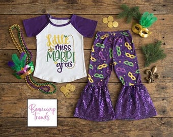 Little Miss Mardi Gras Outfit | Sequin Bell Bottom Set | Toddler Mardi Gras Girl | Purple Mask Print Parade Outfit | Carnival Girl